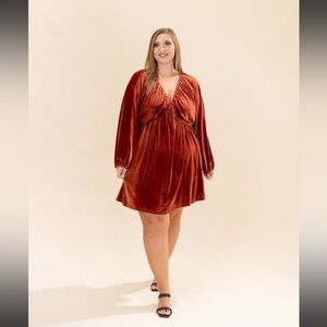 New Dear Lover Elastic V Neck Puff Long Sleeve Velvet Dress in Rust Sz XL